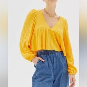 Urban Outfitters Prarie Ribbed Cropped Babydoll Top in Sun Yellow